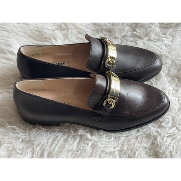 Karl Lagerfeld Women’s Size 6 Cabana Brown Loafers Flats Gold Chain NWOB - Picture 2 of 13